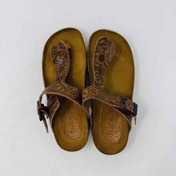 Five Worlds Women’s Size 6 Tooled Leather Comfort Sandals | Western Boho Style - Picture 8 of 14